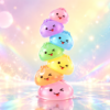 Une tour de sept squishies souriants et colorés dans une lumière arc-en-ciel