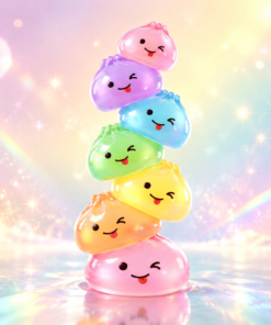 Une tour de sept squishies souriants et colorés dans une lumière arc-en-ciel