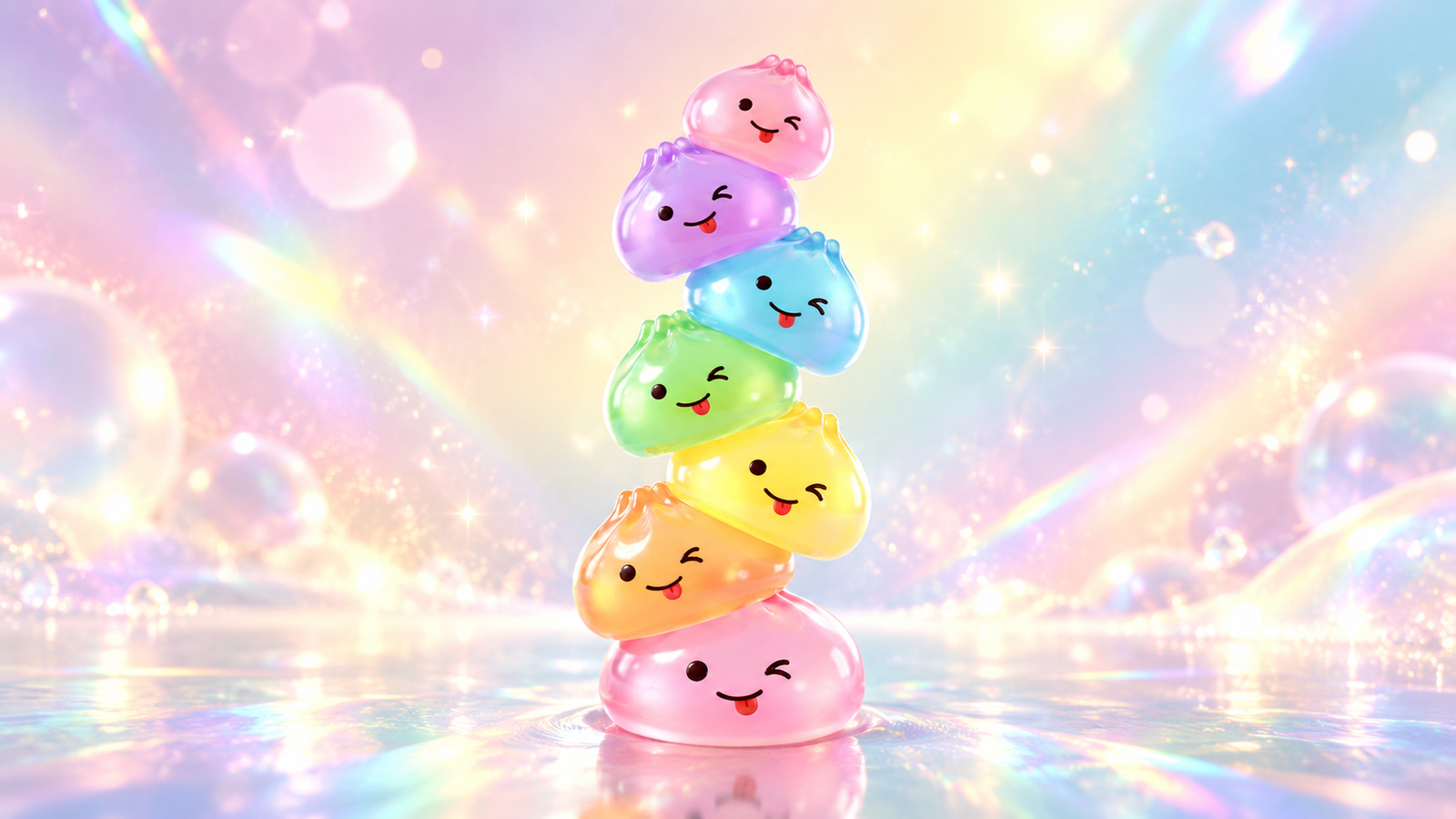 Une tour de sept squishies souriants et colorés dans une lumière arc-en-ciel